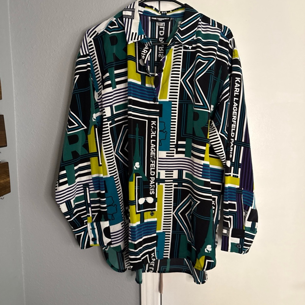 Karl Lagerfeld Paris Abstract Geometric Print Oversized Retro Artsy Shirt Large
